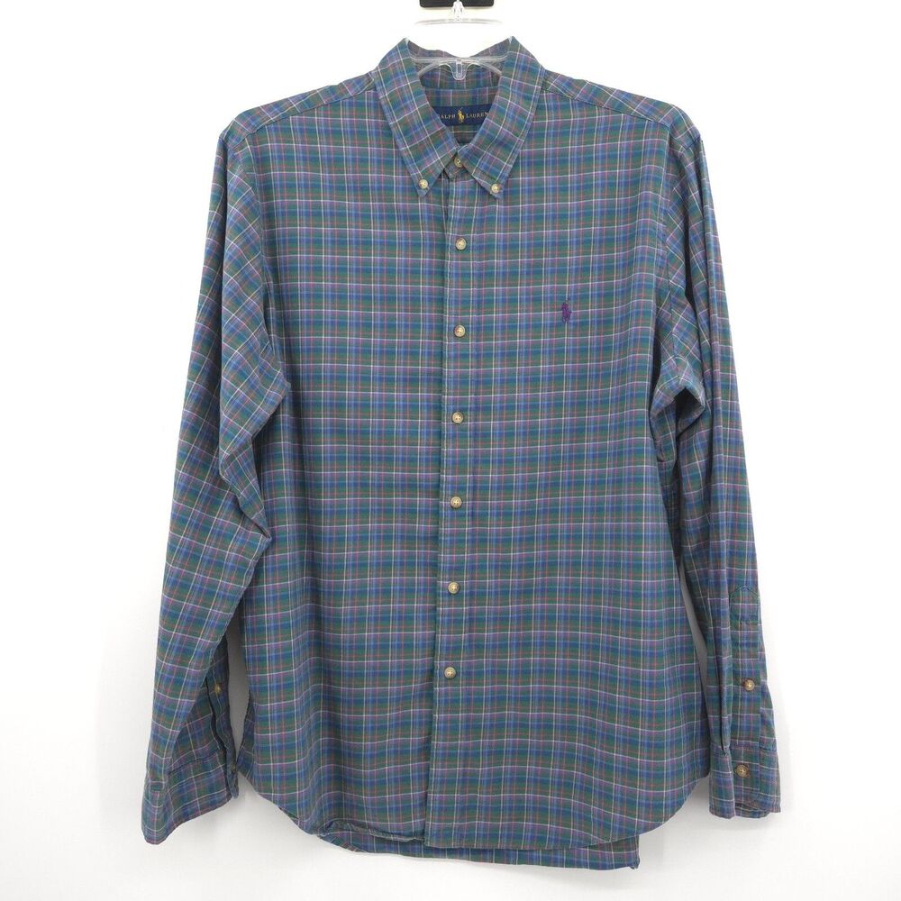 Ralph Lauren Shirt Mens XL Blue Plaid 100% Cotton‎ Dress Button Down